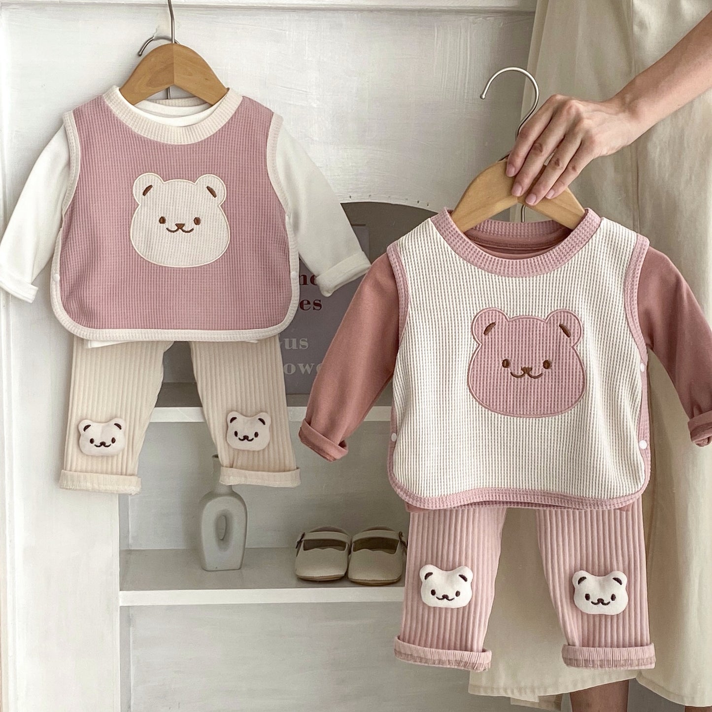 【BABY&KID】クマ柄ベスト、カジュアル無地トップス、クマ柄レギンスSK022218