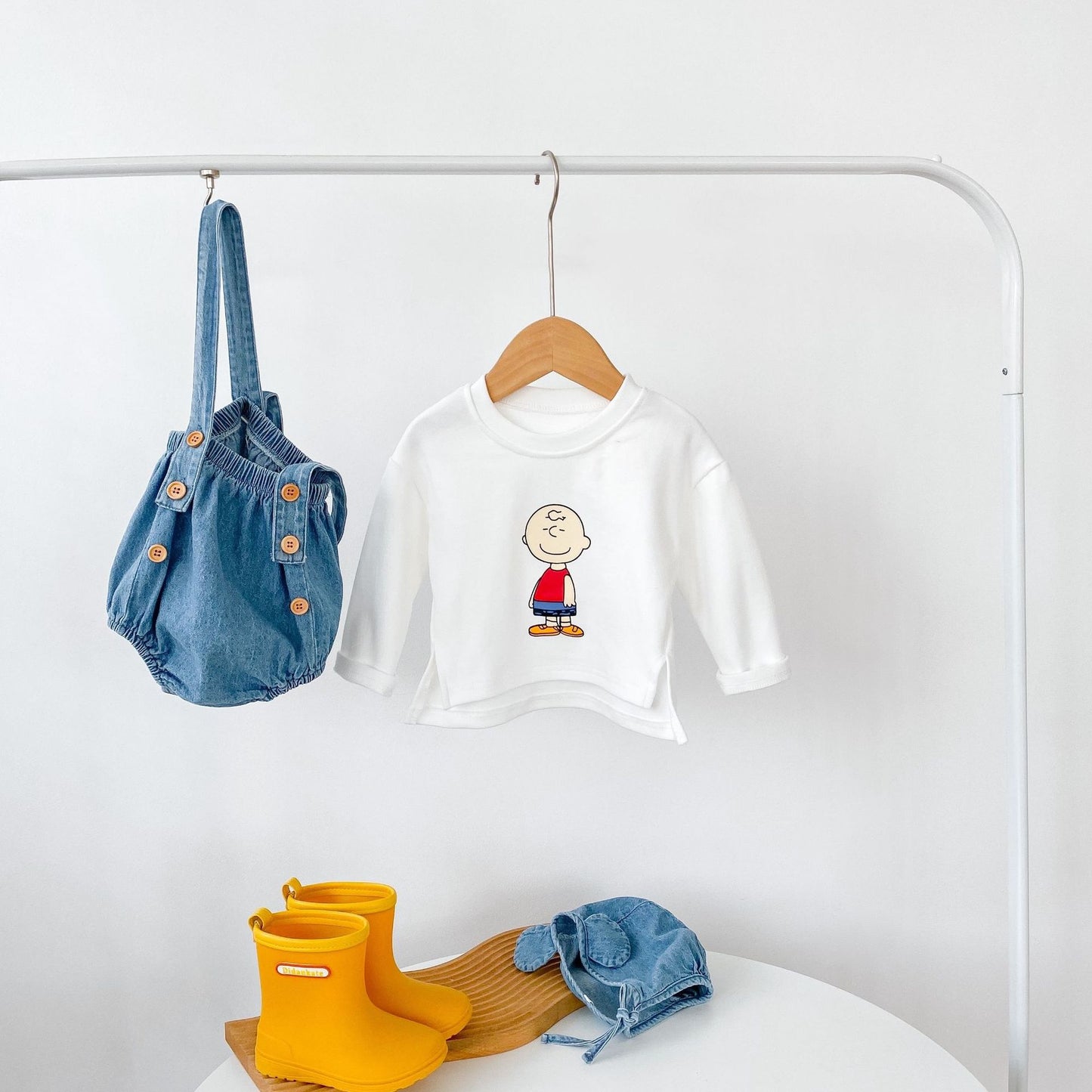 【BABY】デニムサロペロンパース&クマ耳帽子&TシャツSK031801