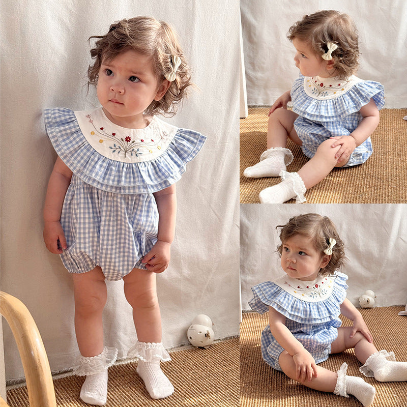【BABY】夏新作 北欧風 刺繍付きフリルチェックロンパースSK091312