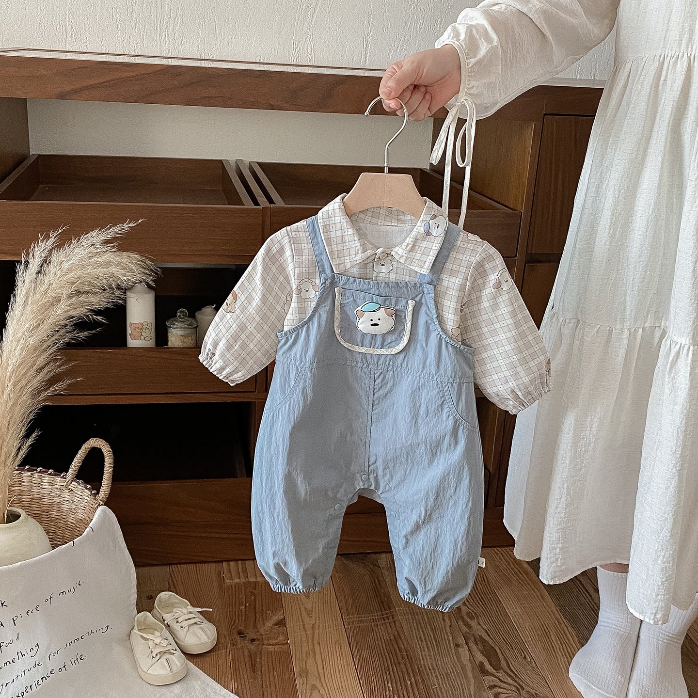【BABY】いぬチェックシャツ&いぬサロペットパンツSK100427