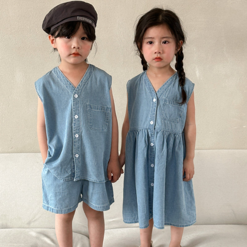 【BABY&KID】夏新作 Vネックデニムセット、ワンピースSK063012