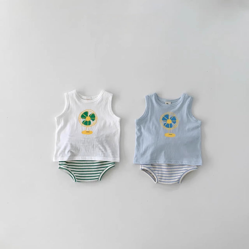 【BABY】夏新作 可愛いプリントベスト&ボーダーショートパンツSK010206