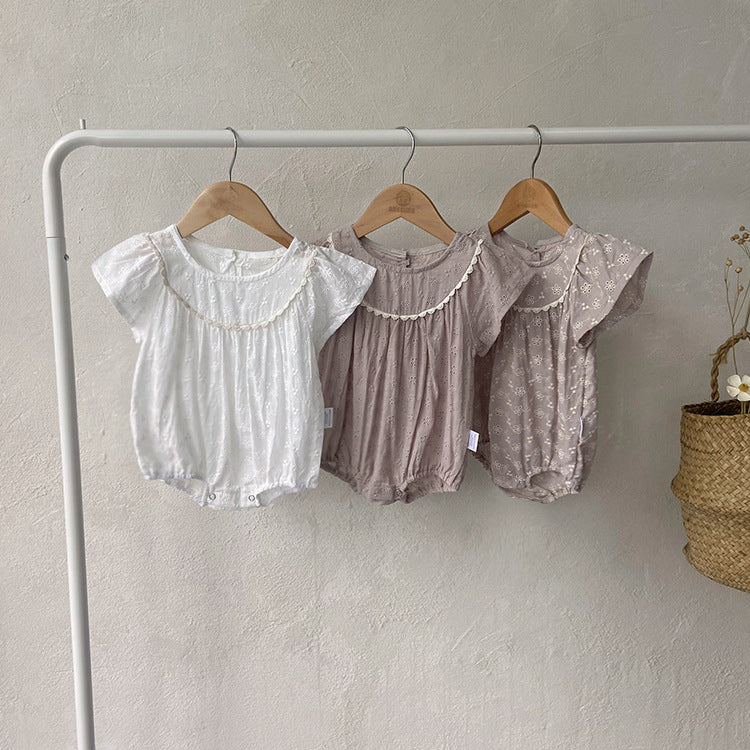 【BABY】夏新作 無地刺繍レースロンパースSK071602