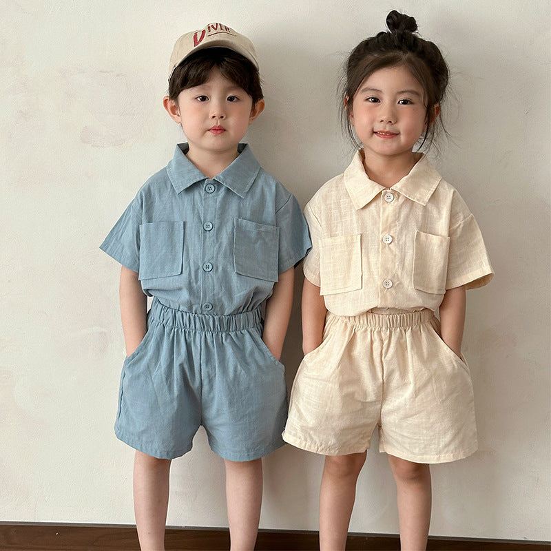 【BABY&KID】夏新作 コットン無地ポケットセットアップ SK063004