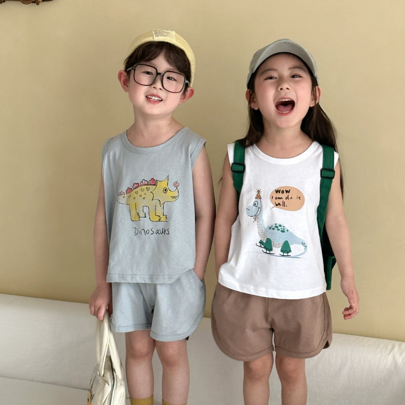 【BABY&KID】夏新作 英字と恐竜柄のノースリーブスーツSK063007