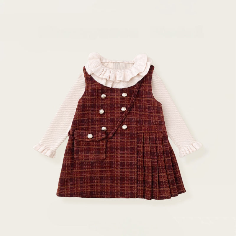 【BABY&KID】冬新作 チェックジャンパースカート&フリルニット&バッグ3点セットSK102430