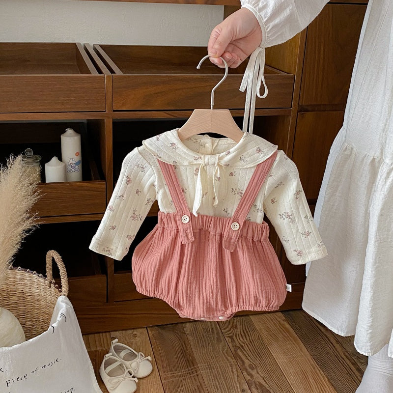 【BABY】リボン結び小花柄トップス&サロペットロンパースSK100440