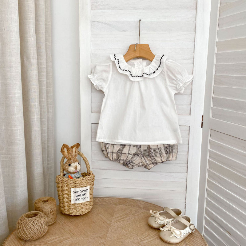【BABY&KID】夏新作 刺繍フリル襟トップス&チェックショートパンツSK081524