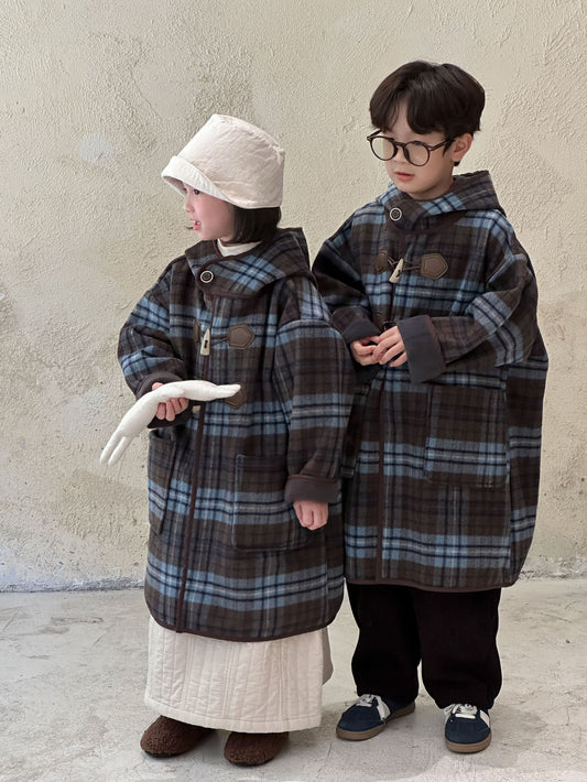 【BABY&KID】ブルーチェック柄フード付けロングコートSK012702
