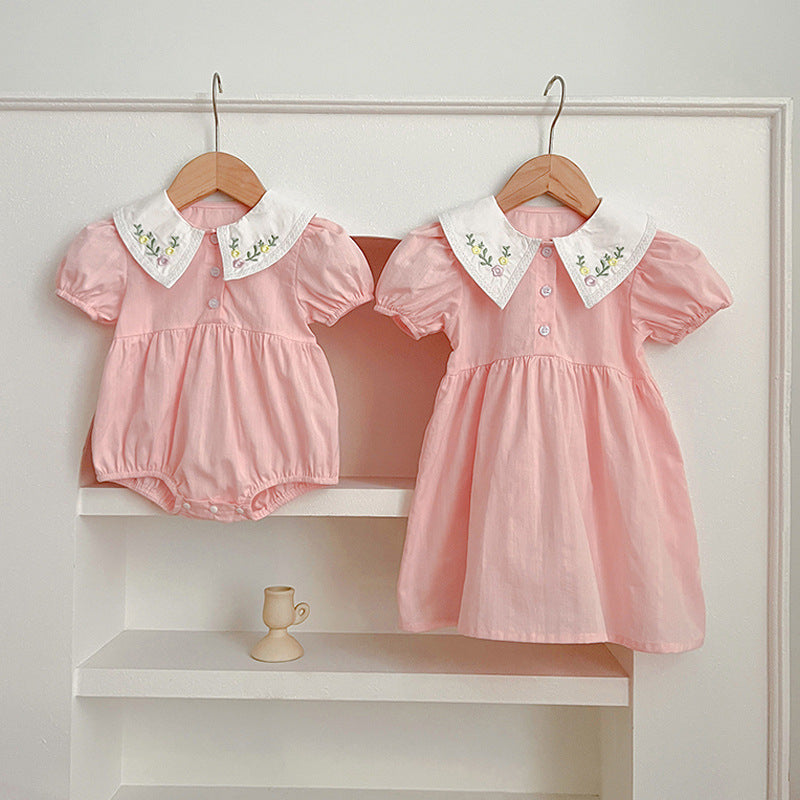【姉妹服】夏新作 刺繍フラワー襟ロンパース、ワンピースSK081621