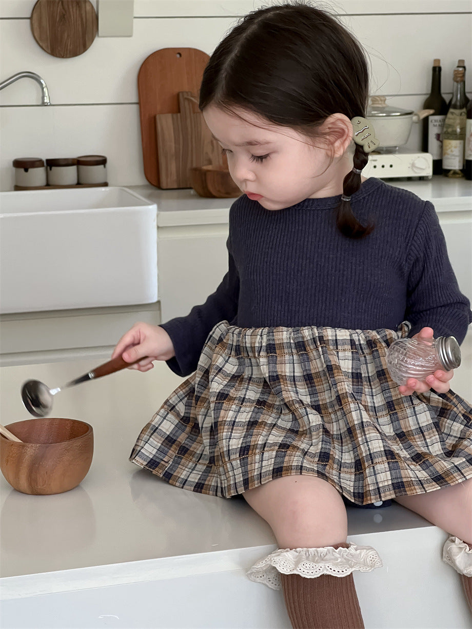 【BABY】ニットチェックのパッチワークワンピースSK012402