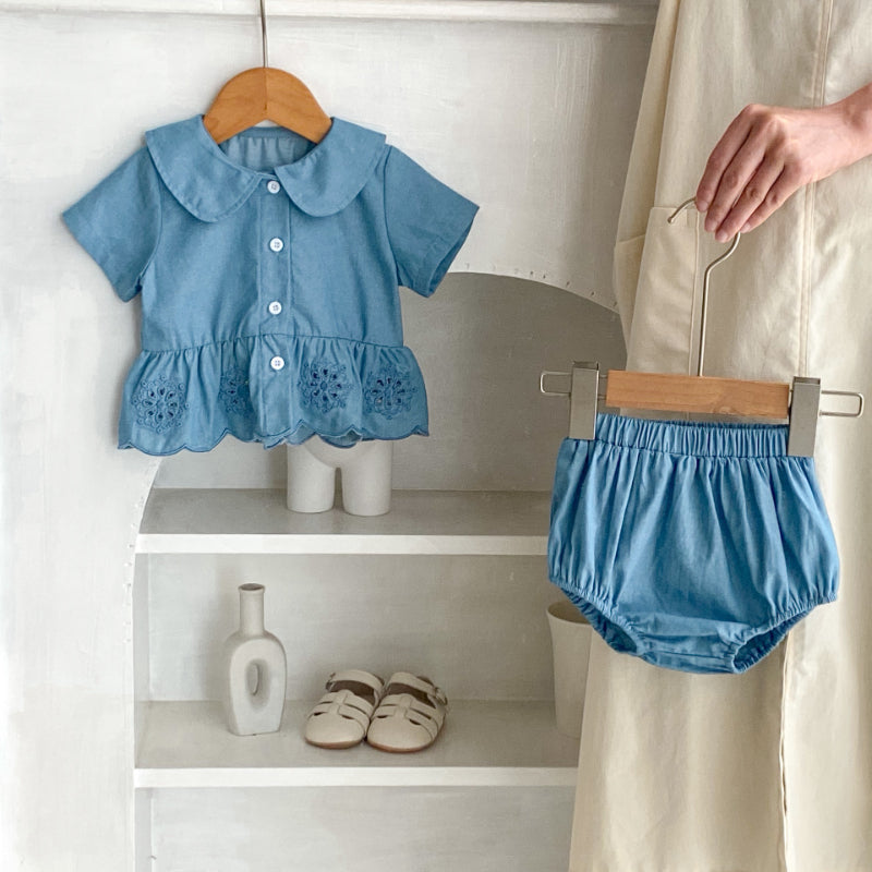 【BABY】夏新作 デニム刺繍トップス&ショーツセットアップSK071915