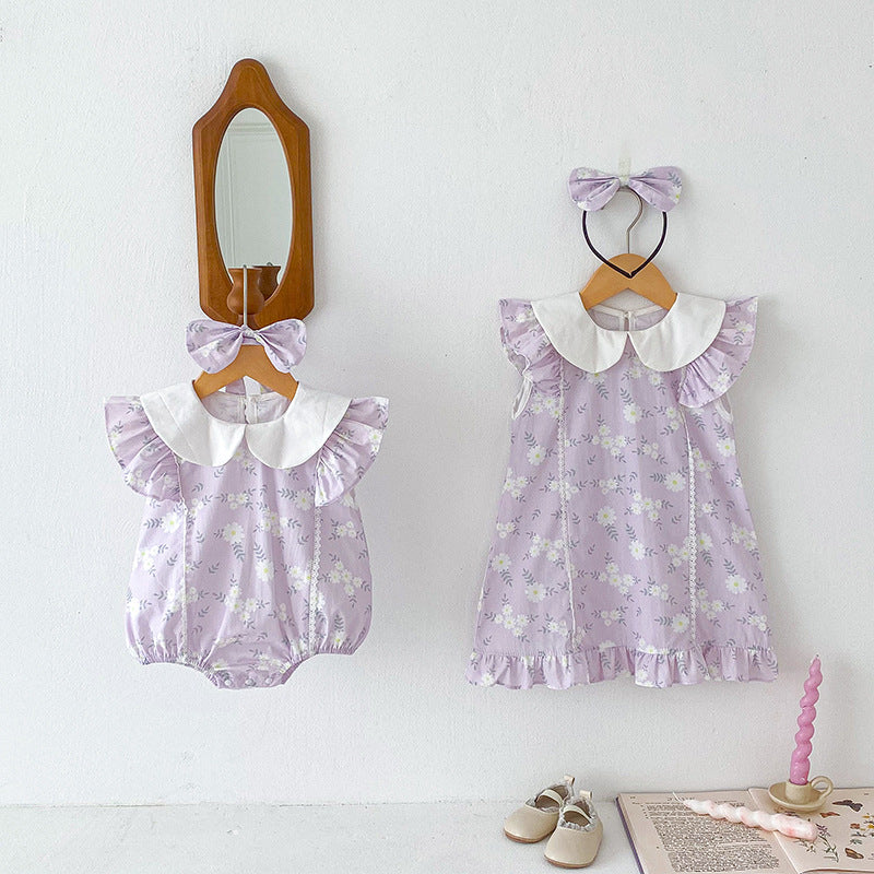 【姉妹服】夏新作 パープル小花柄ロンパース、ワンピースSK081626