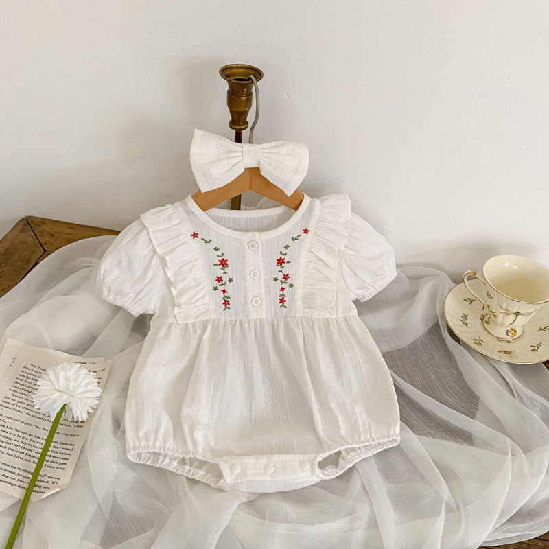 【BABY】夏新作 コットンのスタイリッシュな刺繍入りラウンドネックロンパースSKO70706