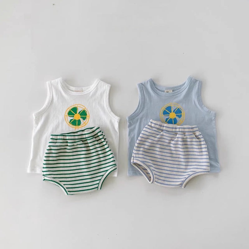 【BABY】夏新作 可愛いプリントベスト&ボーダーショートパンツSK010206