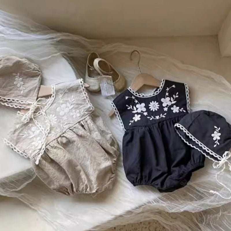 【BABY】夏新作 綿麻フラワー刺繍ロンパースSK091115