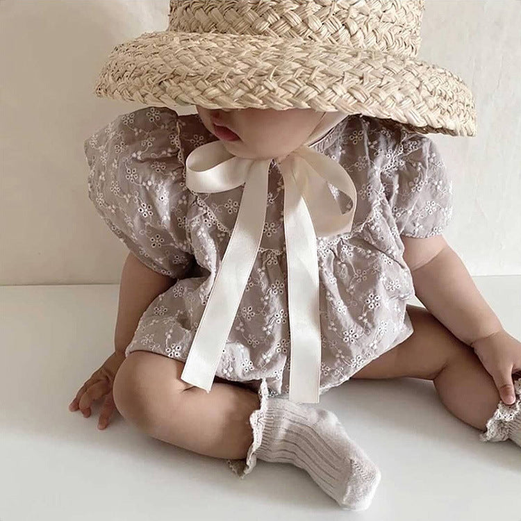 【BABY】夏新作 無地刺繍レースロンパースSK071602