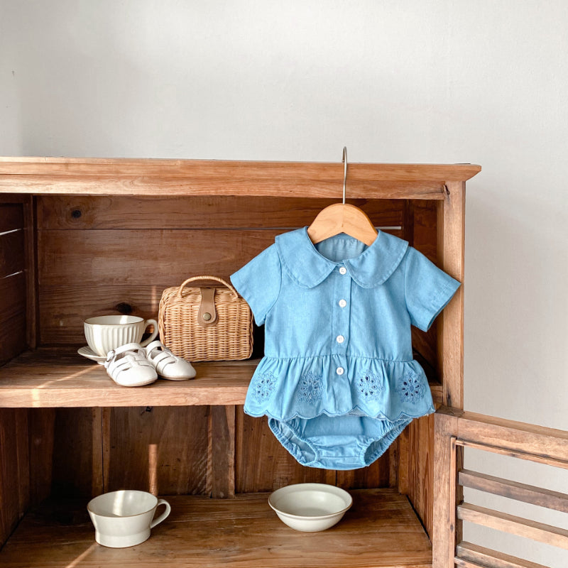 【BABY】夏新作 デニム刺繍トップス&ショーツセットアップSK071915