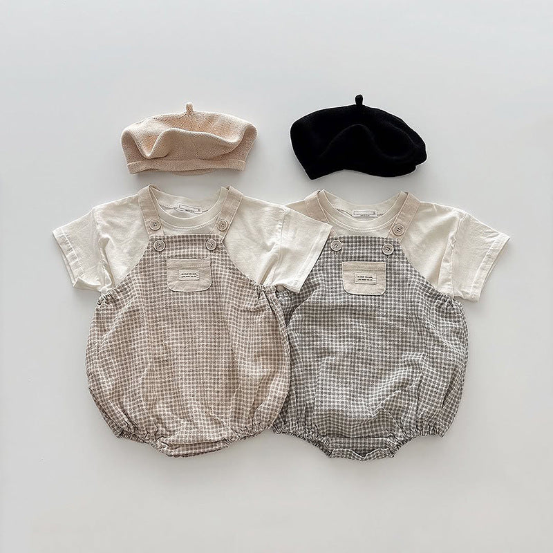 【BABY】夏新作 チェックサロペットロンパース&半袖TシャツSK010201