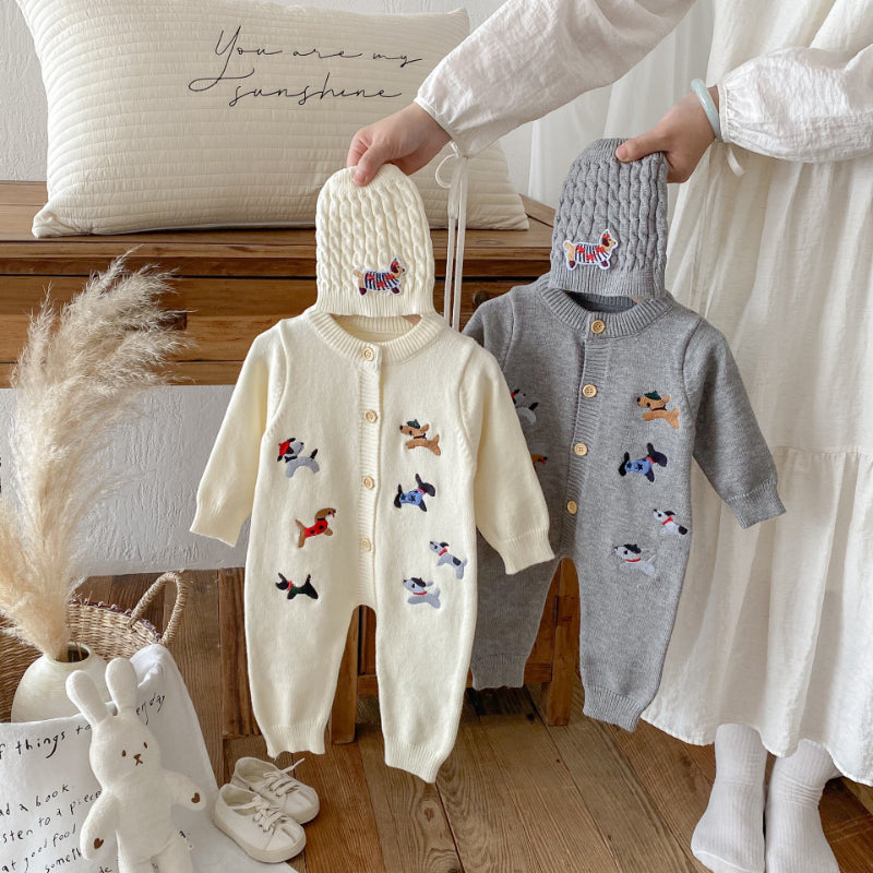 【BABY】ワンちゃん刺繍ニットカバーオール&帽子SK092505