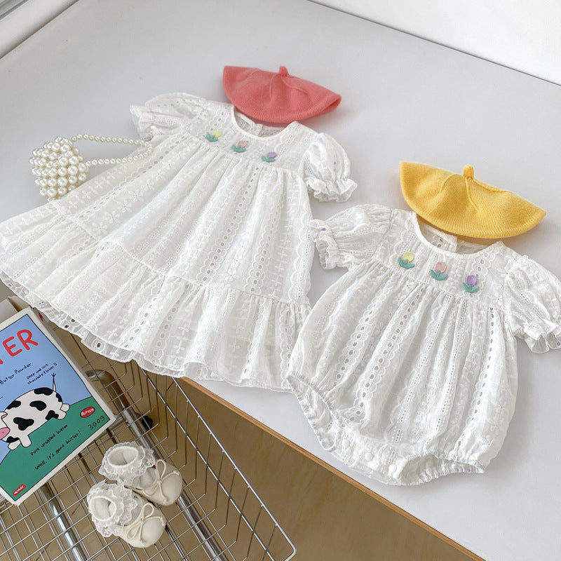 【BABY&KID】夏新作 チューリップレース刺繍ロンパース、ワンピースSK071934