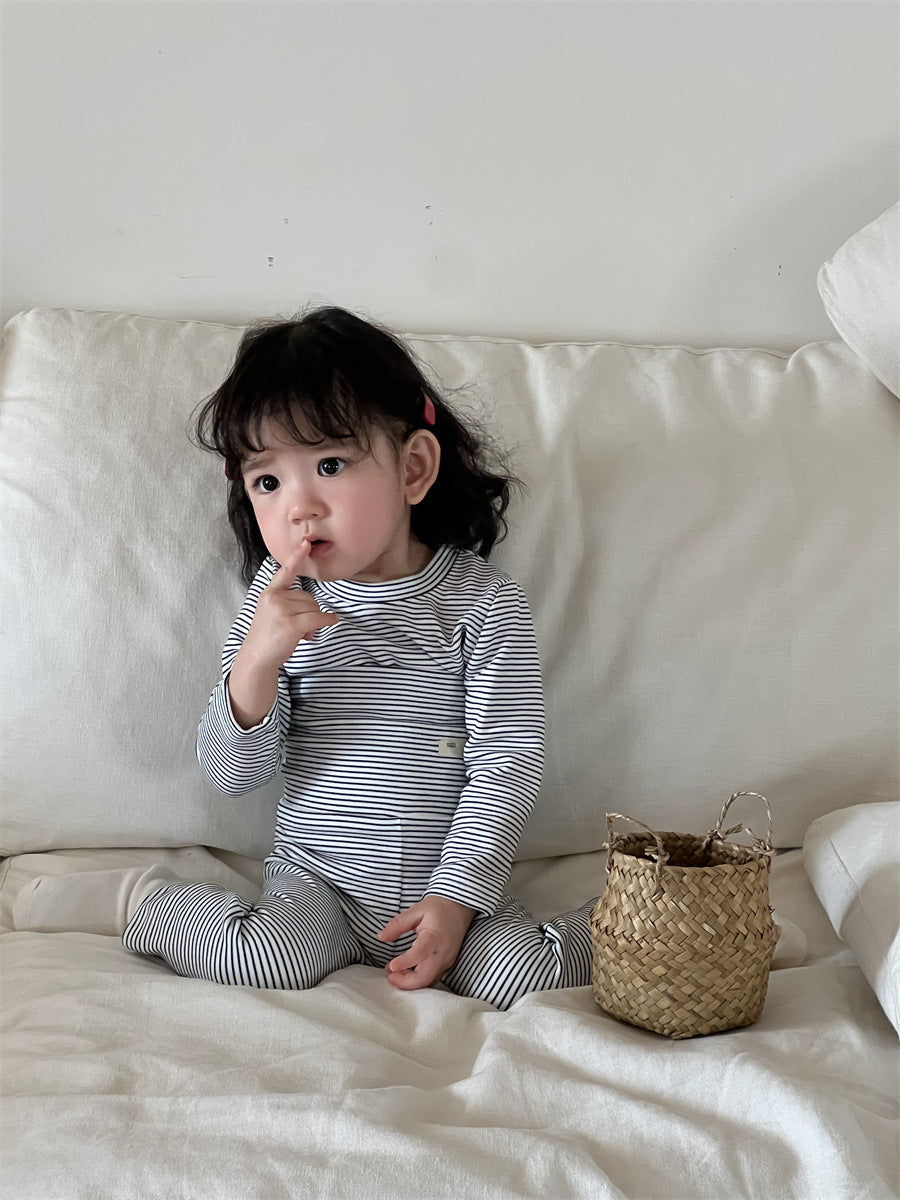 【BABY&KID】韓国風 暖かいボーダーセットアップSK021501