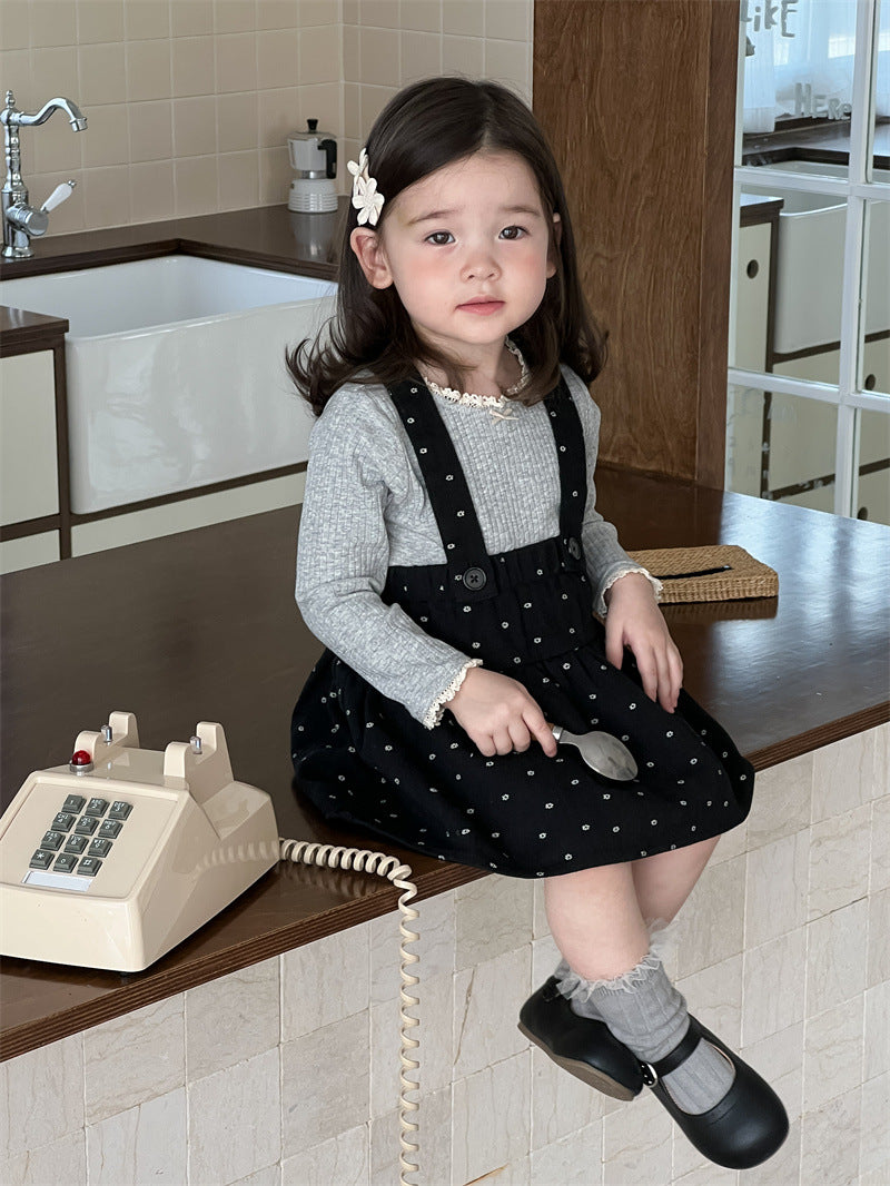 【BABY&KID】レース襟可愛いTシャツ、いドットサロペットスカートSK021503