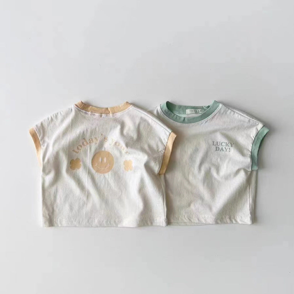 【BABY】夏新作 カラー切り替え英字プリントシャツSK071523