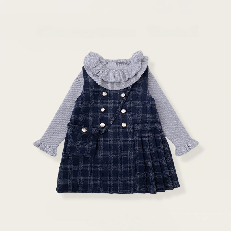 【BABY&KID】冬新作 チェックジャンパースカート&フリルニット&バッグ3点セットSK102430