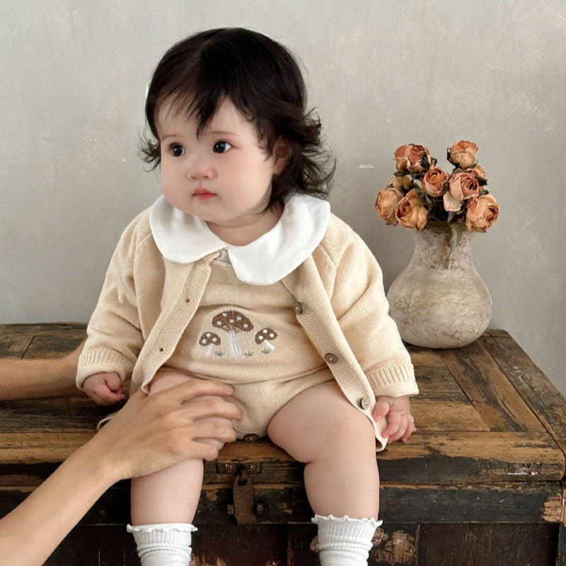 【BABY】きのこ刺繍サロペットロンパース、カーディガンSK101814