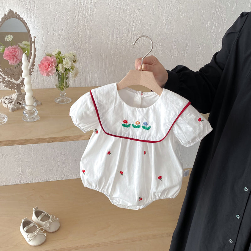 【BABY】夏新作 スクエアネック刺繍ロンパースSK091516