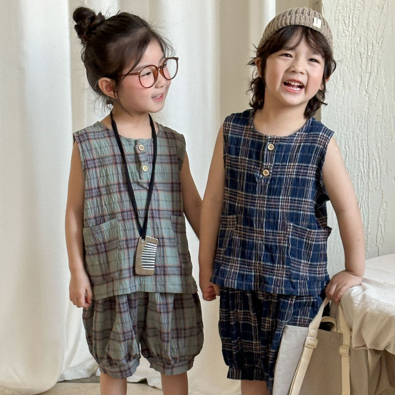 【BABY&KID】夏新作 ポケット付きチェックセットアップSK072107