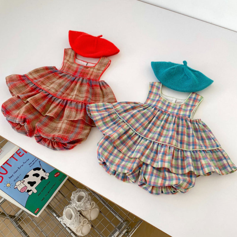 【BABY】夏新作 チェック柄サスペンダートップスと花蕾ショーツのツーピースセットSKO70725