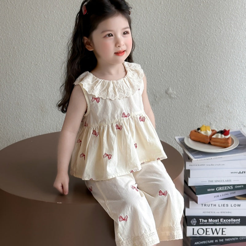 【BABY&KID】夏新作 ノースリーブ蝶結びプリントセットアップSK092630