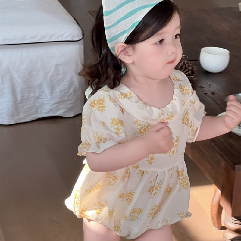 【BABY】夏新作 イエローフラワープリントロンパースSK082303