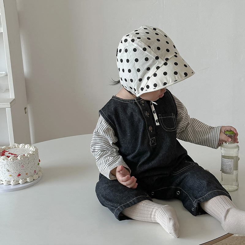【BABY】英字プリントデニムサロペット、ボーダーTシャツSK010327