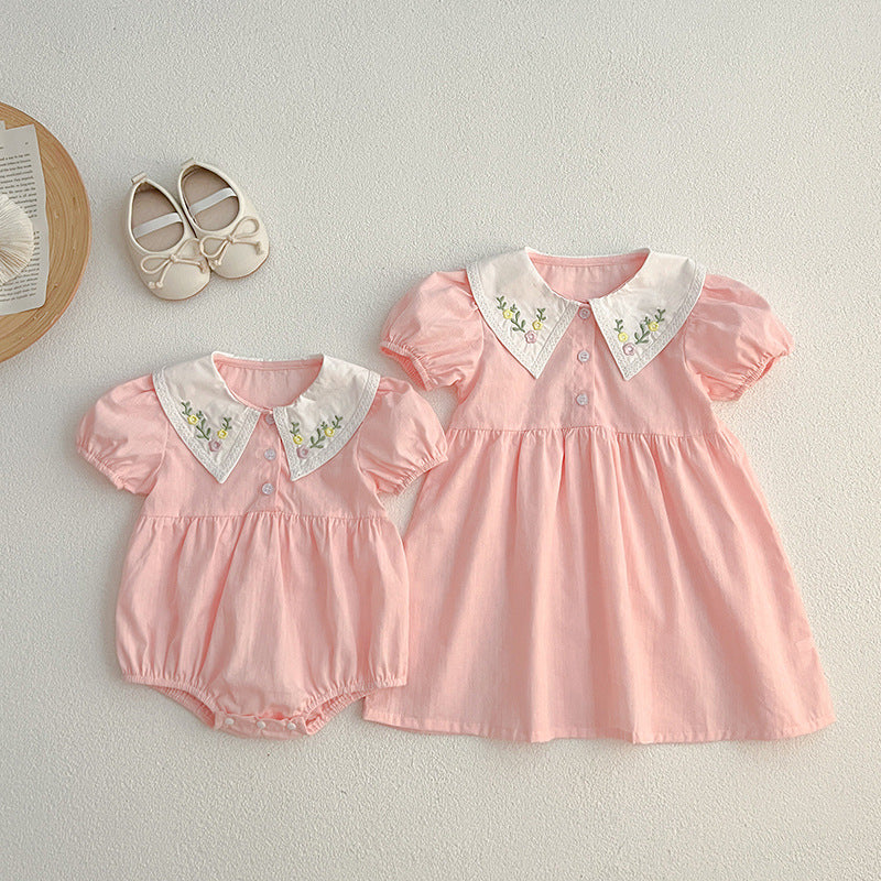 【姉妹服】夏新作 刺繍フラワー襟ロンパース、ワンピースSK081621
