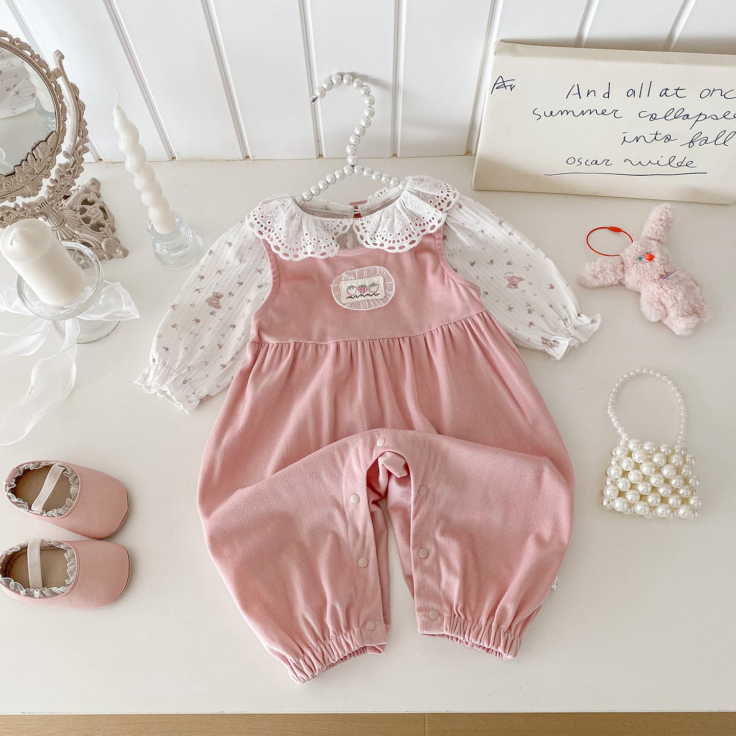 【BABY】フリルトップス&ピンクサロペットパンツSK100441