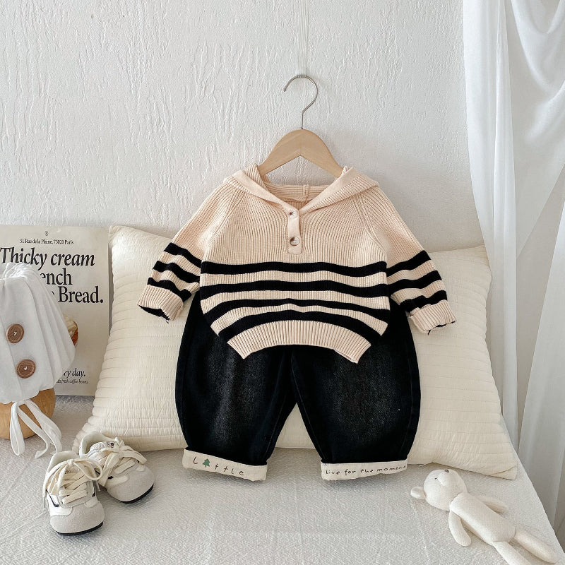 【BABY】ボーダーフーディーニット、デニムパンツSK101433