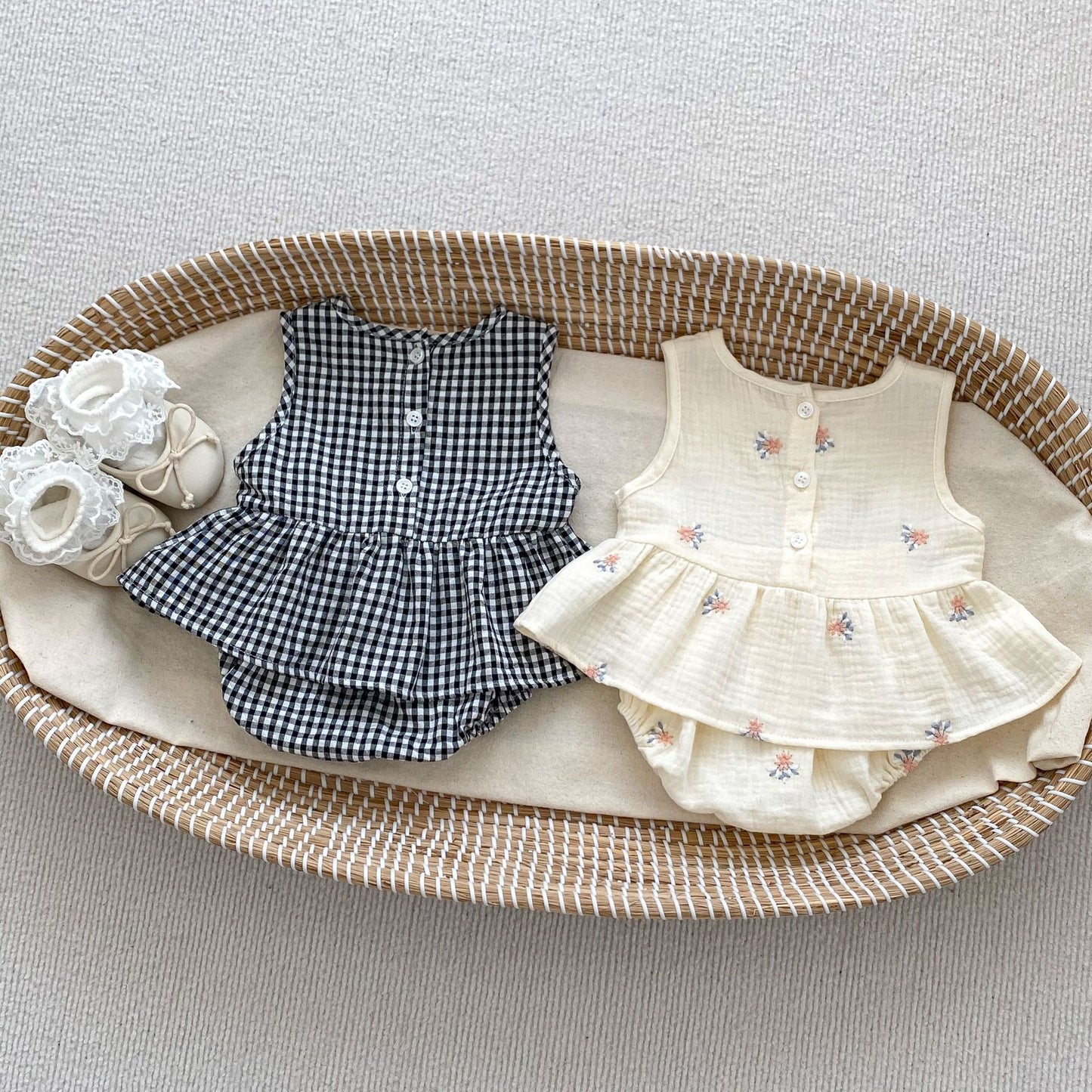 【BABY】夏新作 刺繍チェック無袖トップス&ベビーパンツセットアップSK071605