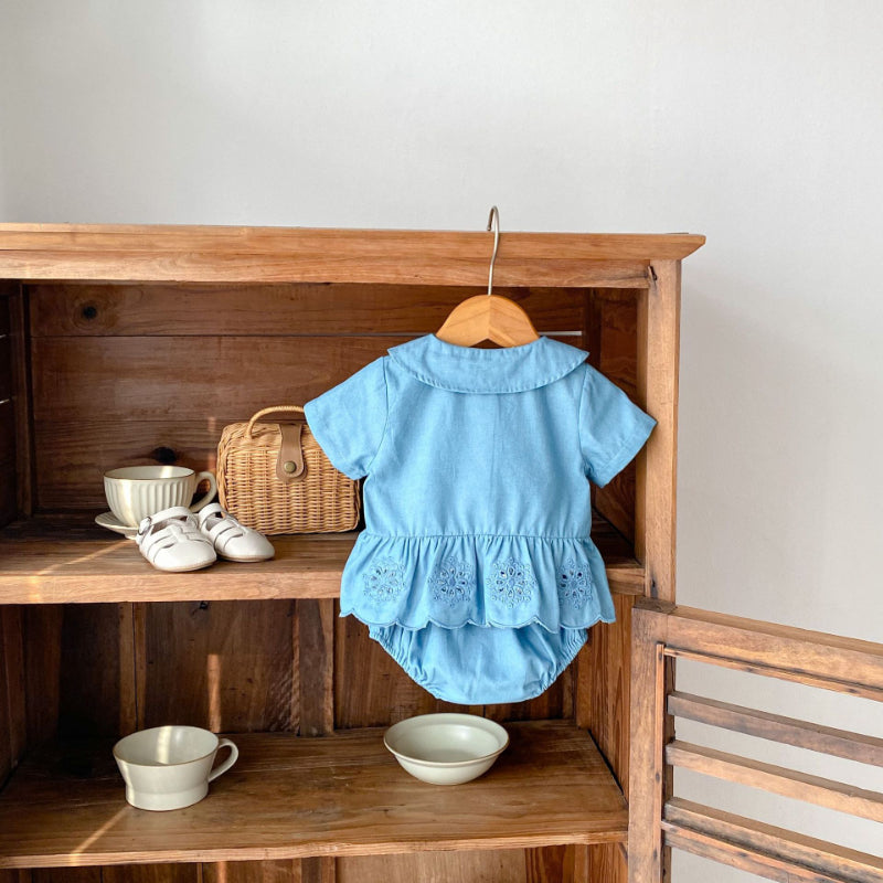 【BABY】夏新作 デニム刺繍トップス&ショーツセットアップSK071915
