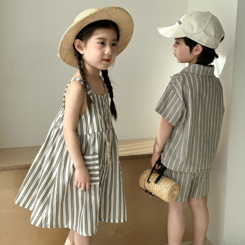 【BABY&KID】夏新作 ストライプシャツセット、サスペンダーワンピースSK063021