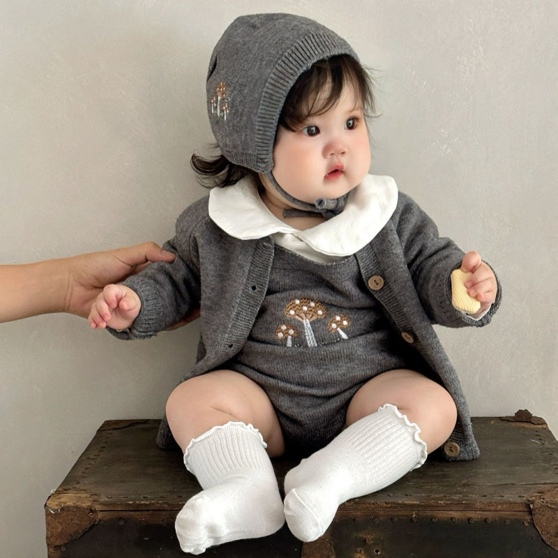 【BABY】きのこ刺繍サロペットロンパース、カーディガンSK101814