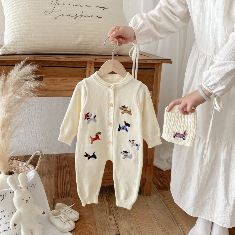 【BABY】ワンちゃん刺繍ニットカバーオール&帽子SK092505