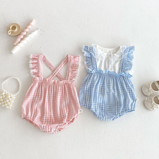 【BABY】夏新作 フリル袖チェックサロペットロンパースSK091924