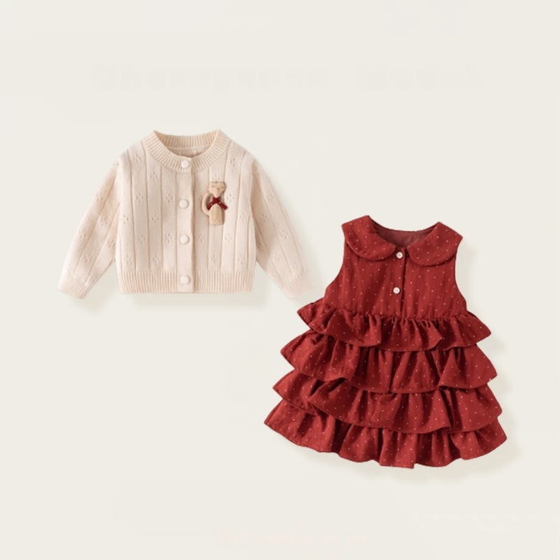 【BABY&KID】無地ニットカーディガン&ドットワンピースSK102428