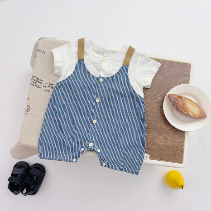 【BABY】夏新作 ストライプ風フェイクレイヤードカバーオールSK090707