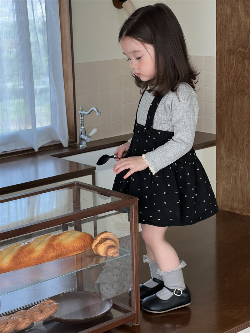 【BABY&KID】レース襟可愛いTシャツ、いドットサロペットスカートSK021503