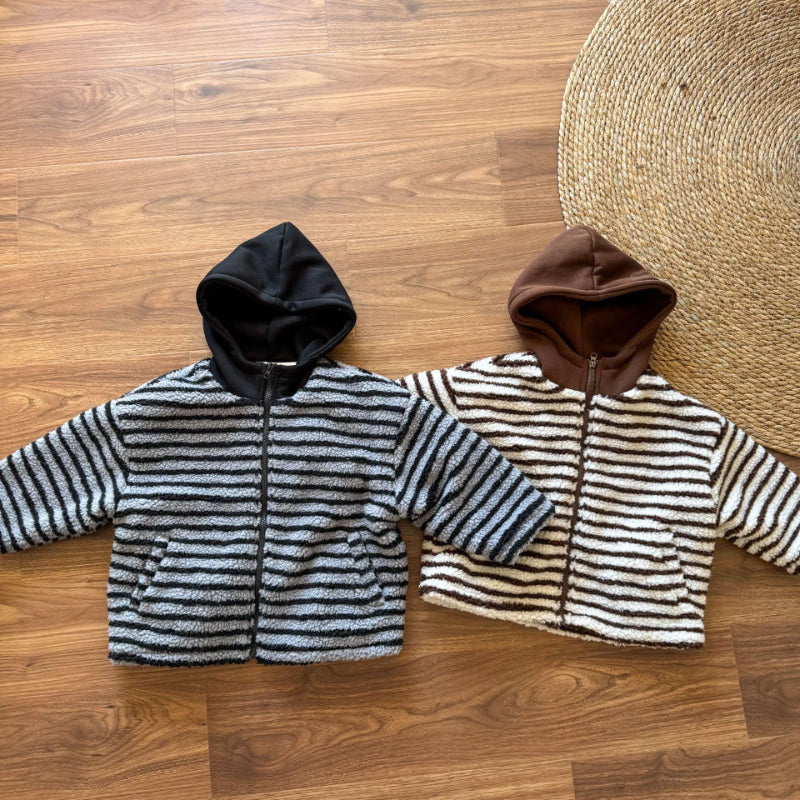 【BABY&KID】冬新作 フード付きボーダー裏起毛アウターSK102027