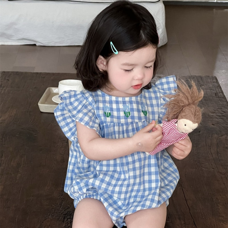 【BABY】夏新作 フラワー、チェック刺繍ロンパースSK082308